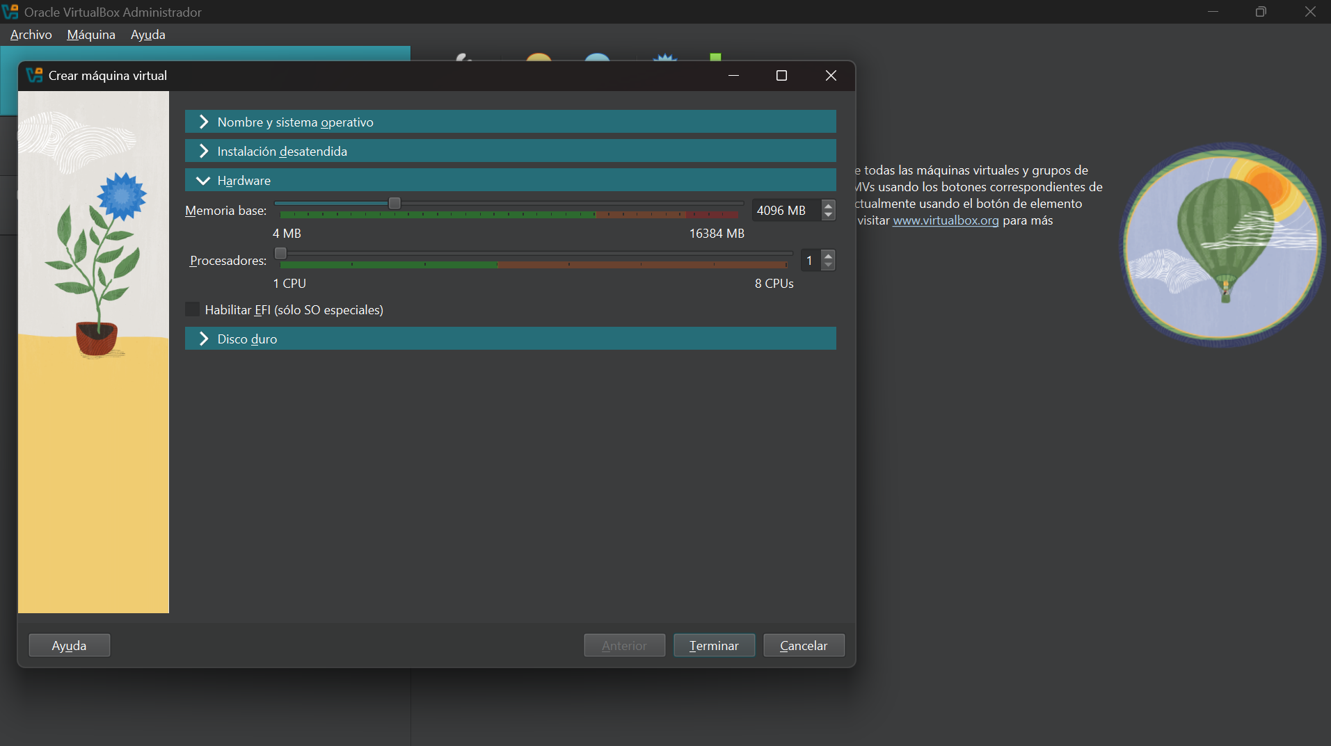 Captura de pantalla de la instalación de VirtualBox