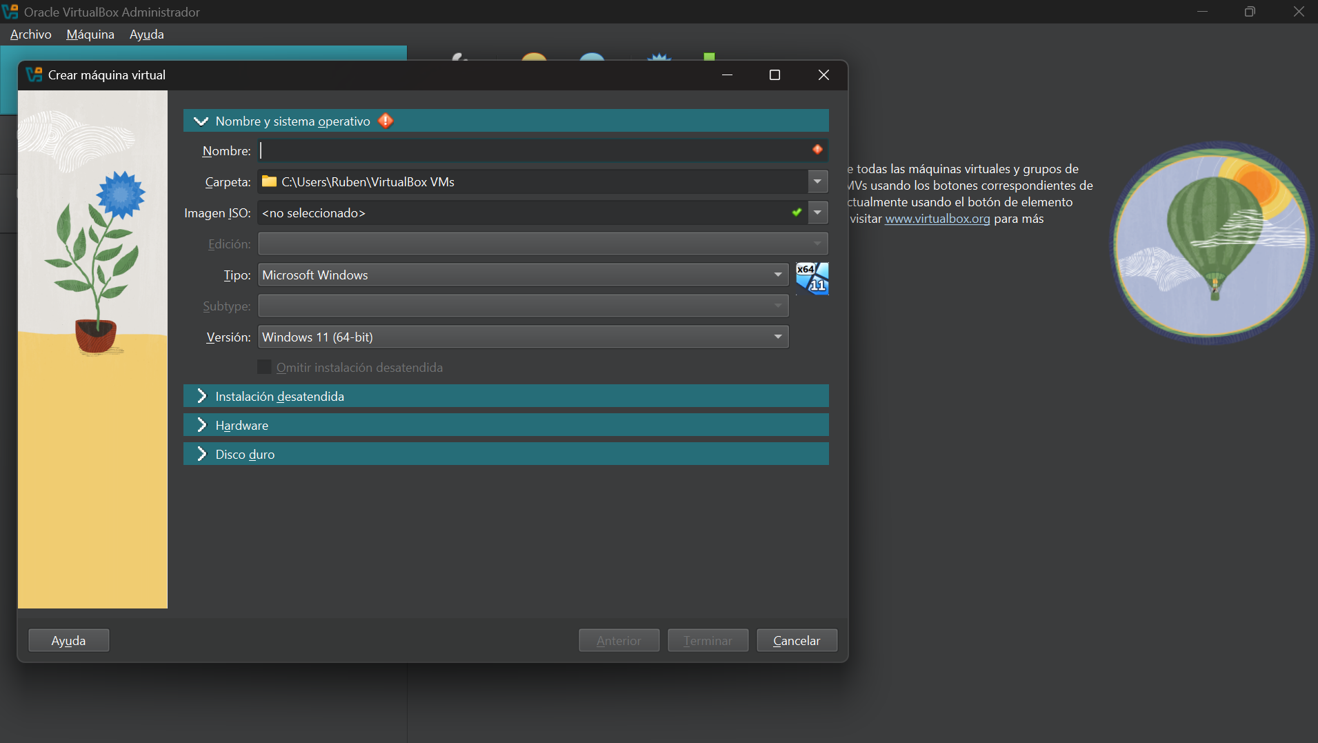 Captura de pantalla de la instalación de VirtualBox