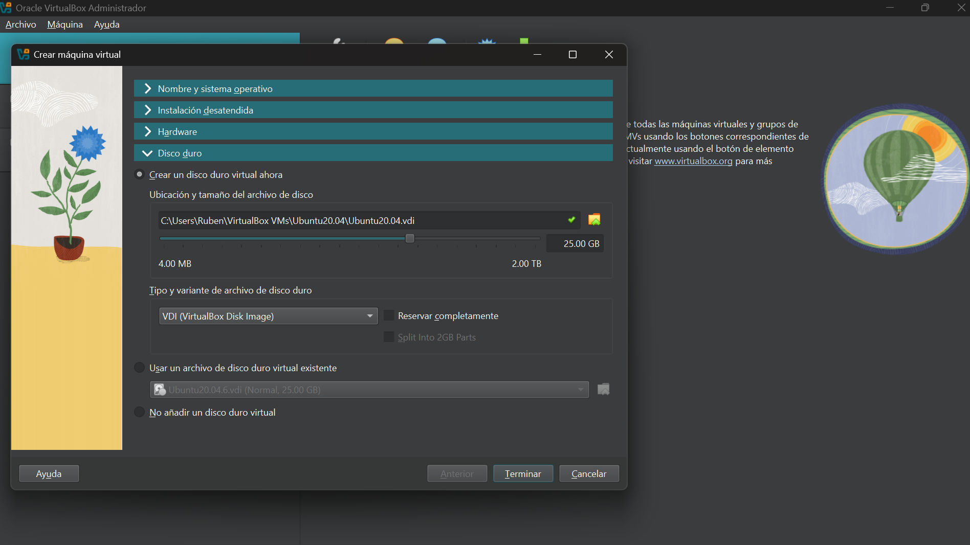 Captura de pantalla de la instalación de VirtualBox