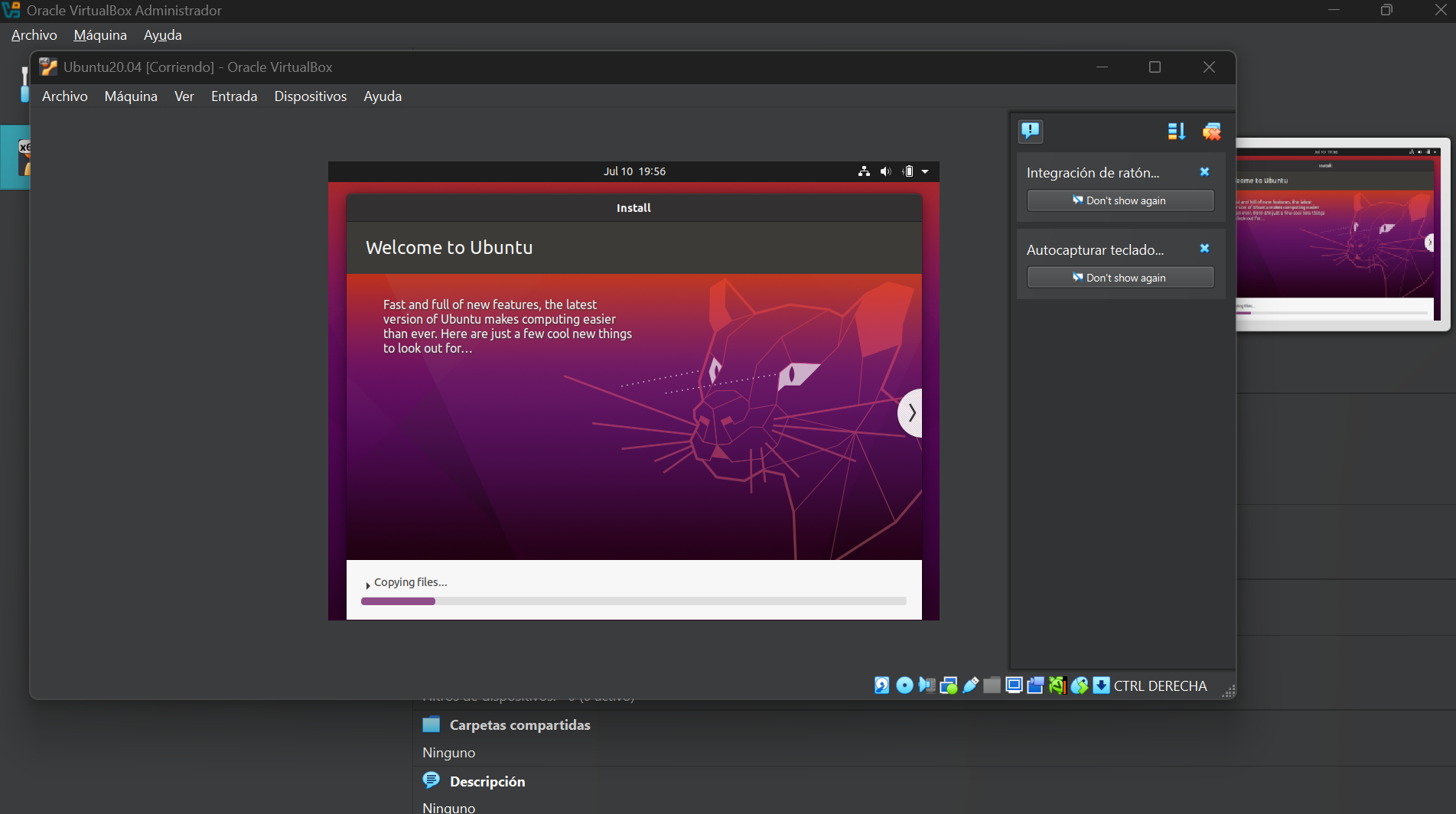 Captura de pantalla de la instalación de VirtualBox